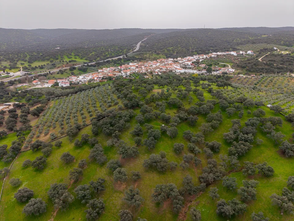 Vista aérea de Azuel, en Los Pedroches, rodeado de dehesa de encinas y olivares, mosaico agrario del medio rural